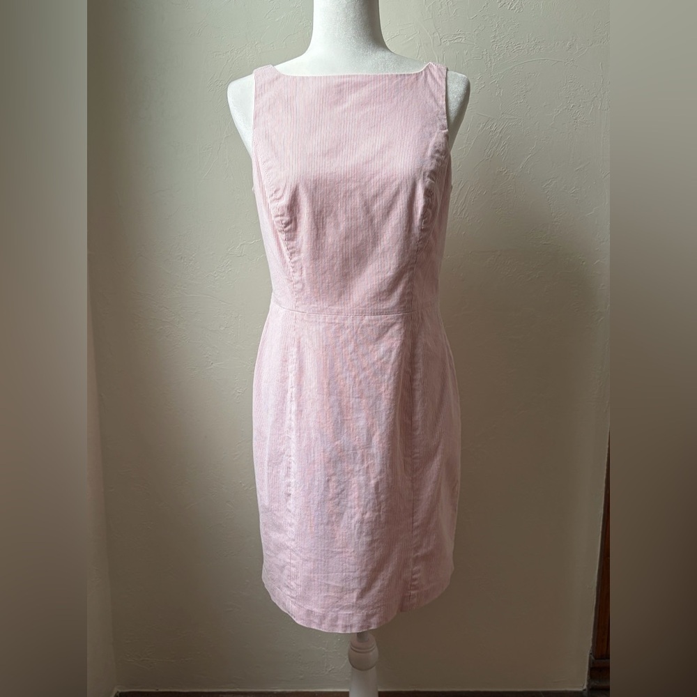 Tommy Hilfiger Red White Pinstripe Sheath Dress Square Neck Sleeveless Size 8